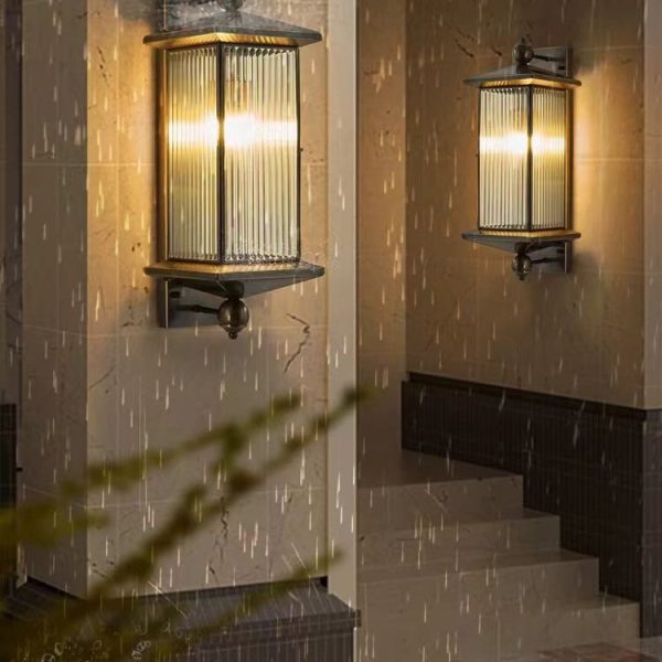 Traditional Chinese Waterproof Rectangle Copper Glass 1/2 Light Wall Sconce Lamp For Outdoor - Image 10