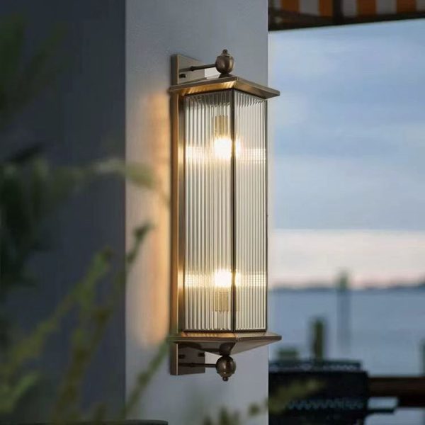 Traditional Chinese Waterproof Rectangle Copper Glass 1/2 Light Wall Sconce Lamp For Outdoor - Image 9
