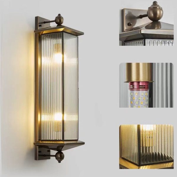 Traditional Chinese Waterproof Rectangle Copper Glass 1/2 Light Wall Sconce Lamp For Outdoor - Image 7
