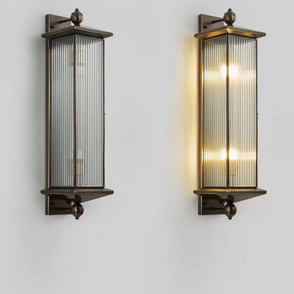 Traditional Chinese Waterproof Rectangle Copper Glass 1/2 Light Wall Sconce Lamp For Outdoor - Image 8