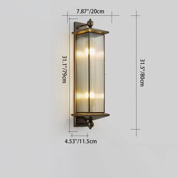 Traditional Chinese Waterproof Rectangle Copper Glass 1/2 Light Wall Sconce Lamp For Outdoor - Image 4