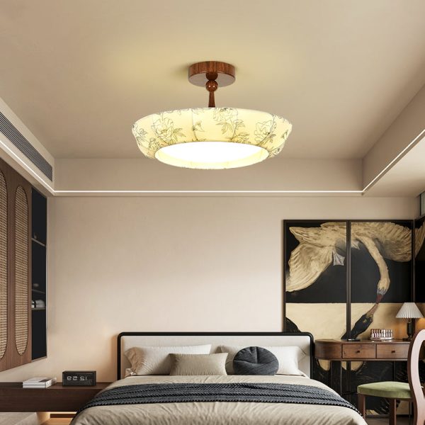 Traditional French Bowl Shape Round Iron Fabric LED Semi-Flush Mount Ceiling Light For Bedroom