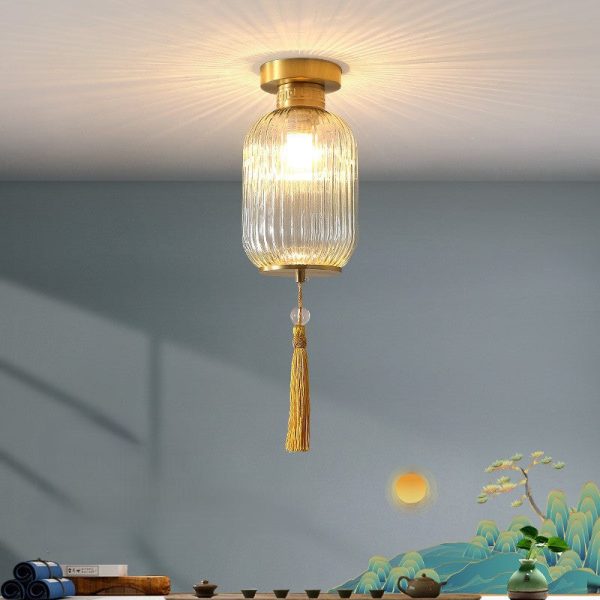 Traditional Chinese Cylinder Oval Copper Glass 1-Light Semi-Flush Mount Ceiling Light For Hallway - Image 15