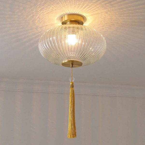 Traditional Chinese Cylinder Oval Copper Glass 1-Light Semi-Flush Mount Ceiling Light For Hallway - Image 13