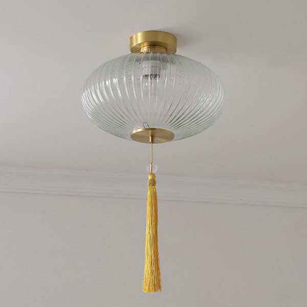 Traditional Chinese Cylinder Oval Copper Glass 1-Light Semi-Flush Mount Ceiling Light For Hallway - Image 12
