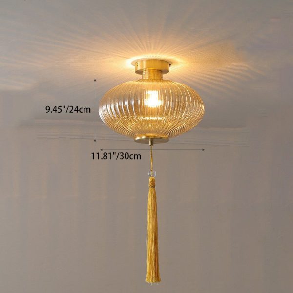 Traditional Chinese Cylinder Oval Copper Glass 1-Light Semi-Flush Mount Ceiling Light For Hallway - Image 4