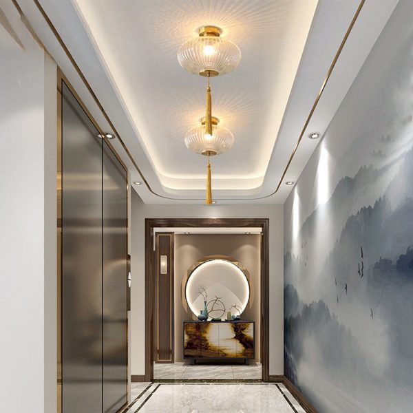 Traditional Chinese Cylinder Oval Copper Glass 1-Light Semi-Flush Mount Ceiling Light For Hallway - Image 3