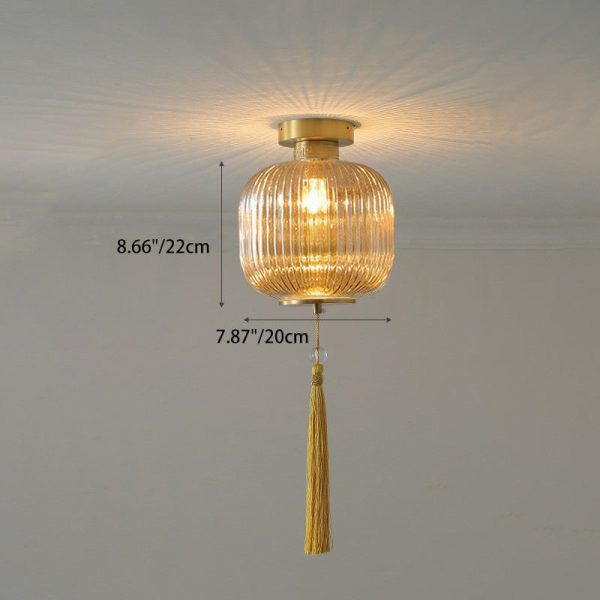 Traditional Chinese Cylinder Oval Copper Glass 1-Light Semi-Flush Mount Ceiling Light For Hallway - Image 6