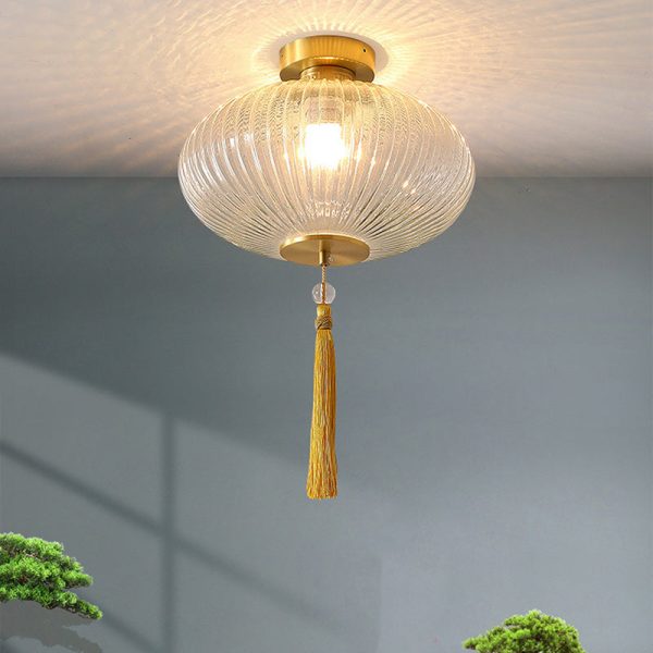 Traditional Chinese Cylinder Oval Copper Glass 1-Light Semi-Flush Mount Ceiling Light For Hallway - Image 14