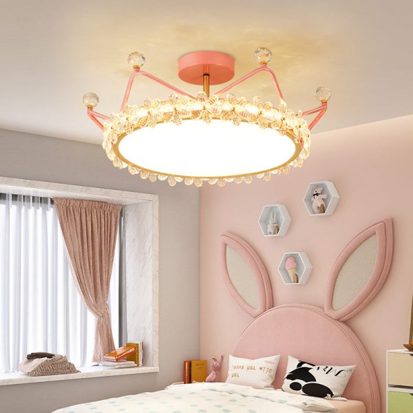 Contemporary Creative Kids Romantic Flower Crown Round Iron Acrylic Crystal LED Semi-Flush Mount Ceiling Light For Bedroom - Image 2