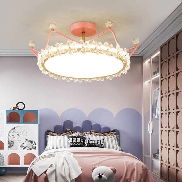 Contemporary Creative Kids Romantic Flower Crown Round Iron Acrylic Crystal LED Semi-Flush Mount Ceiling Light For Bedroom - Image 13