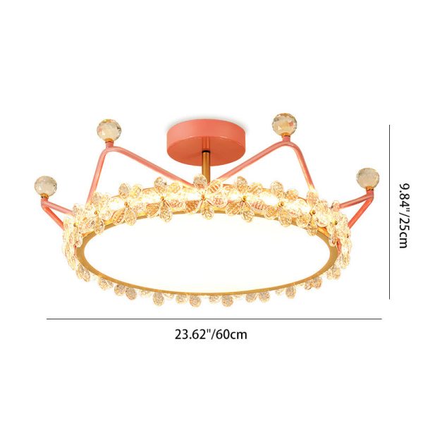 Contemporary Creative Kids Romantic Flower Crown Round Iron Acrylic Crystal LED Semi-Flush Mount Ceiling Light For Bedroom - Image 5