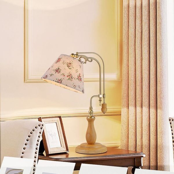 Traditional Rustic Frustum Cone Wood Metal Fabric 1-Light Table Lamp For Bedroom - Image 10