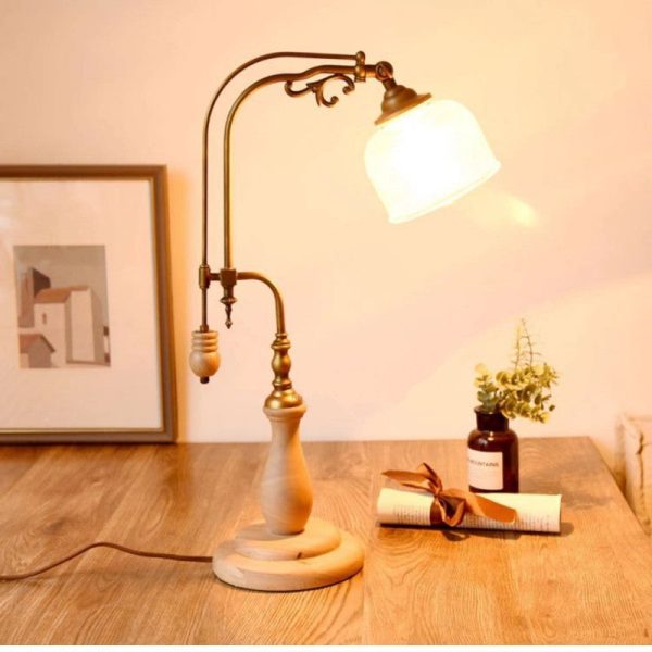 Traditional Rustic Frustum Cone Wood Metal Fabric 1-Light Table Lamp For Bedroom - Image 3