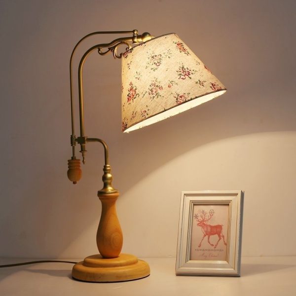 Traditional Rustic Frustum Cone Wood Metal Fabric 1-Light Table Lamp For Bedroom - Image 9