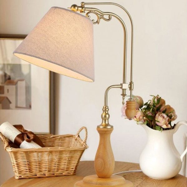 Traditional Rustic Frustum Cone Wood Metal Fabric 1-Light Table Lamp For Bedroom - Image 11