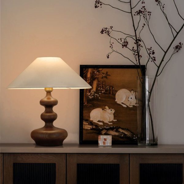 Traditional Vintage Cone Ash Wood Fabric 1-Light Table Lamp For Bedroom