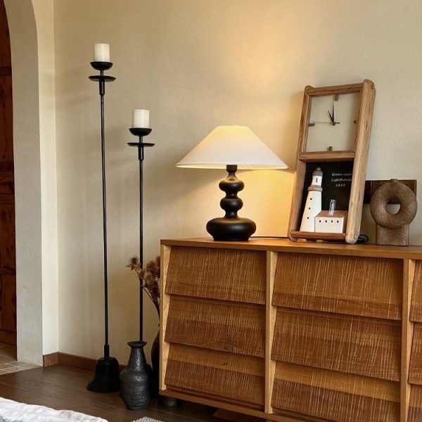 Traditional Vintage Cone Ash Wood Fabric 1-Light Table Lamp For Bedroom - Image 2