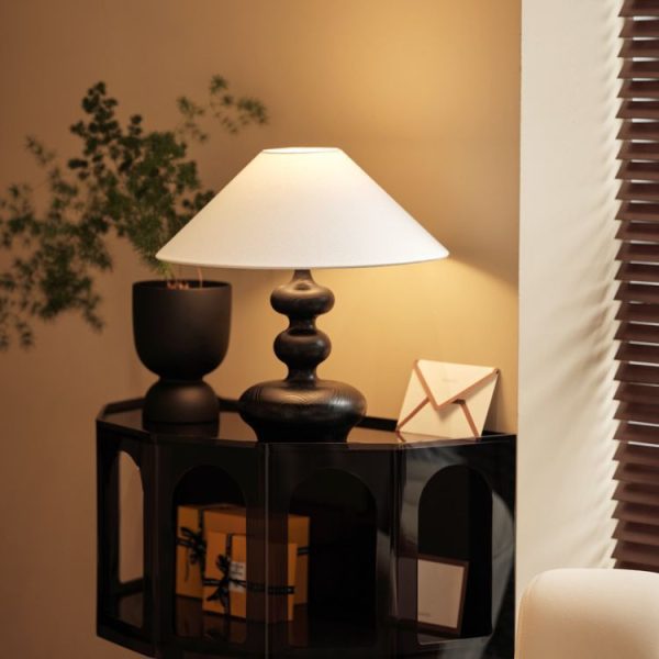 Traditional Vintage Cone Ash Wood Fabric 1-Light Table Lamp For Bedroom - Image 6