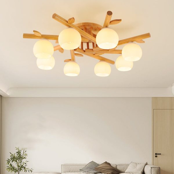 Traditional Japanese Dome Iron Oak Wood 3/5/8 Light Semi-Flush Mount Ceiling Light For Living Room - Image 9