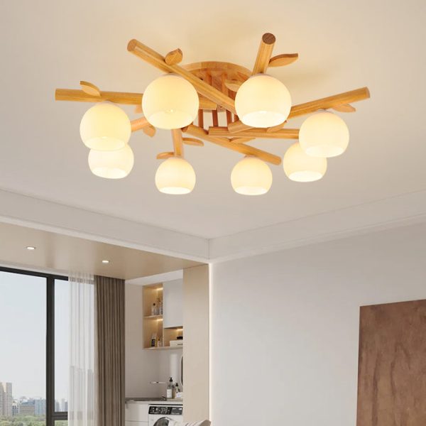 Traditional Japanese Dome Iron Oak Wood 3/5/8 Light Semi-Flush Mount Ceiling Light For Living Room - Image 10