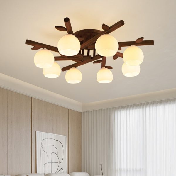 Traditional Japanese Dome Iron Oak Wood 3/5/8 Light Semi-Flush Mount Ceiling Light For Living Room - Image 15