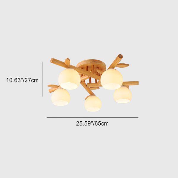 Traditional Japanese Dome Iron Oak Wood 3/5/8 Light Semi-Flush Mount Ceiling Light For Living Room - Image 5