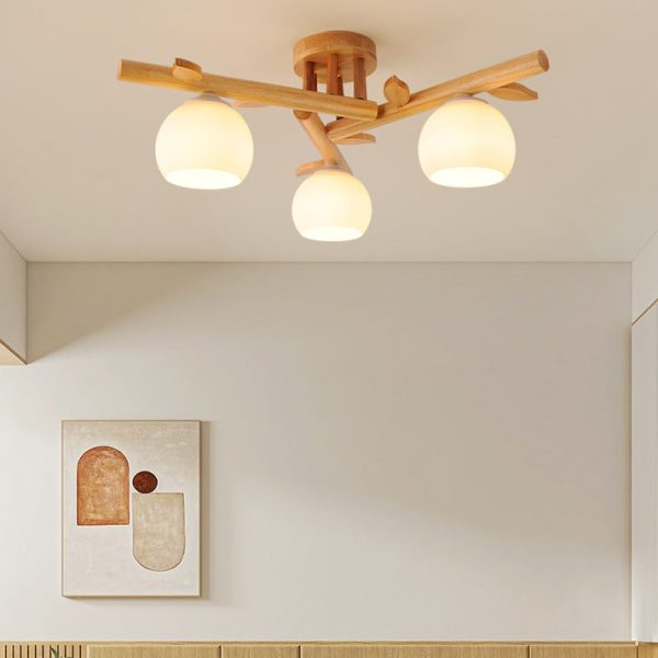 Traditional Japanese Dome Iron Oak Wood 3/5/8 Light Semi-Flush Mount Ceiling Light For Living Room