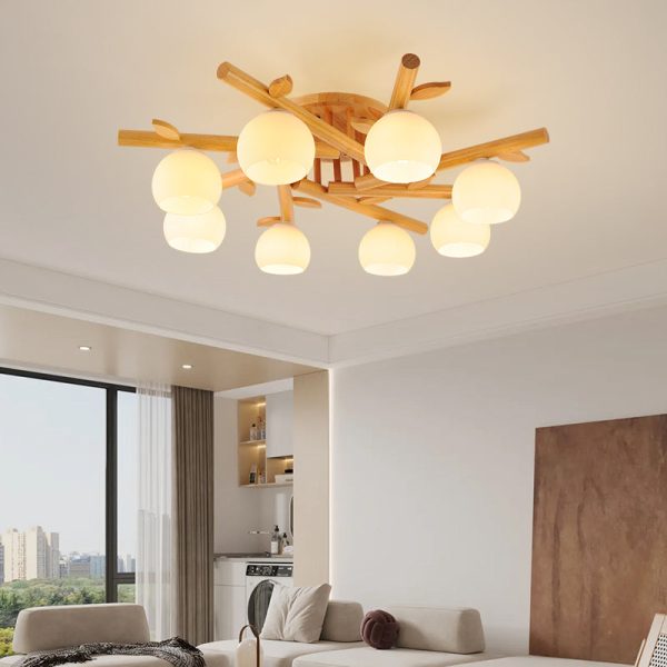 Traditional Japanese Dome Iron Oak Wood 3/5/8 Light Semi-Flush Mount Ceiling Light For Living Room - Image 11