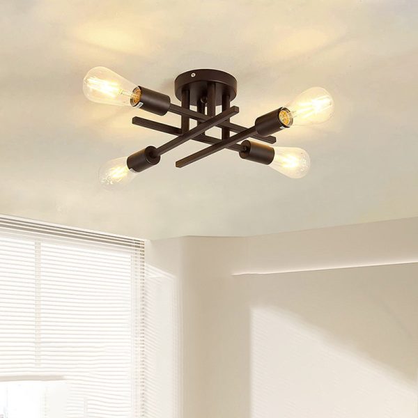 Contemporary Industrial Long Tube Iron 4-Light Semi-Flush Mount Ceiling Light For Bedroom