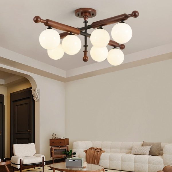 Traditional French Sphere Metal Rubberwood Glass 4/6/8 Light Semi-Flush Mount Ceiling Light For Living Room - Image 13