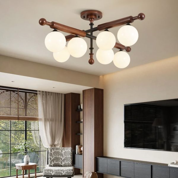 Traditional French Sphere Metal Rubberwood Glass 4/6/8 Light Semi-Flush Mount Ceiling Light For Living Room - Image 2