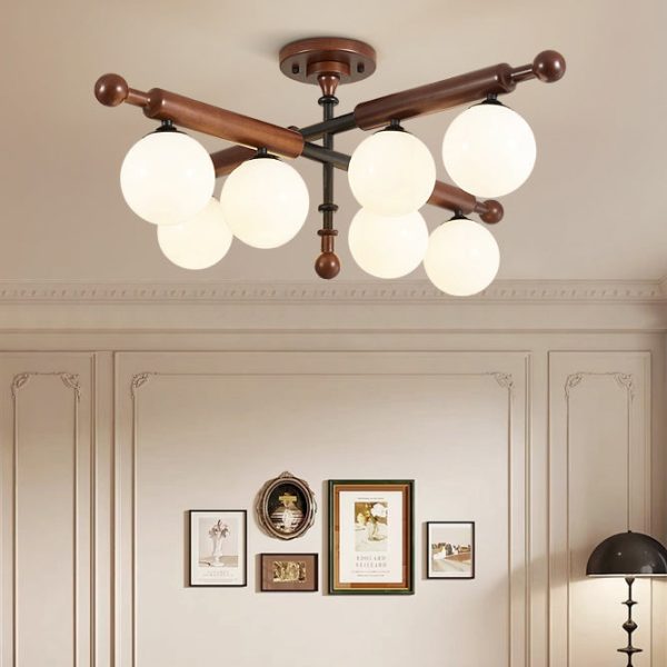 Traditional French Sphere Metal Rubberwood Glass 4/6/8 Light Semi-Flush Mount Ceiling Light For Living Room - Image 3