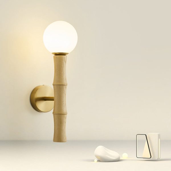 Traditional Japanese Spherical Ash Wood Iron Glass 1-Light Wall Sconce Lamp For Bedroom - Image 11