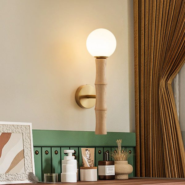 Traditional Japanese Spherical Ash Wood Iron Glass 1-Light Wall Sconce Lamp For Bedroom - Image 8