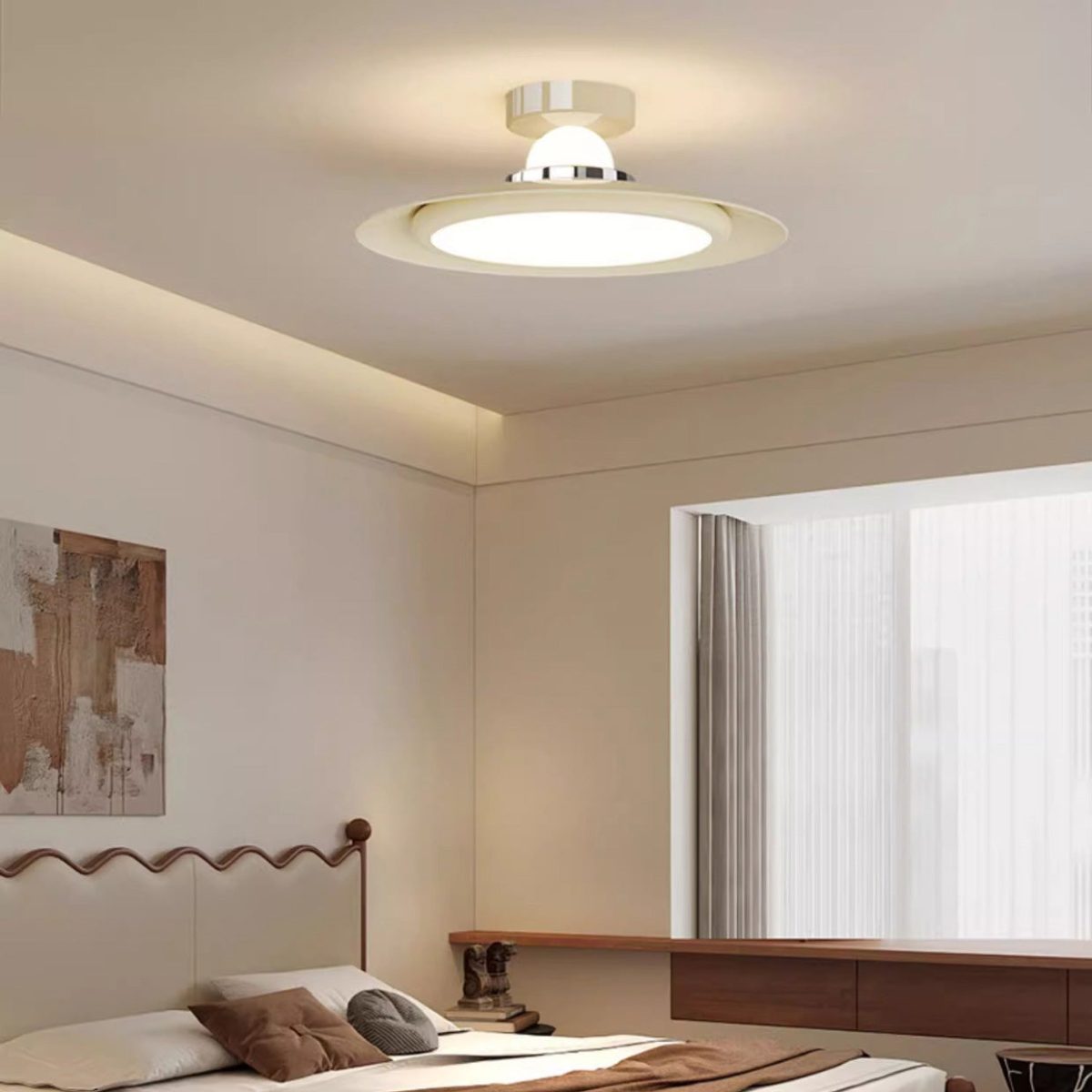Modern Transitional Cream-Toned Flying Saucer Acrylic Shade Iron LED Semi-Flush Mount Ceiling Light For Bedroom - Image 14