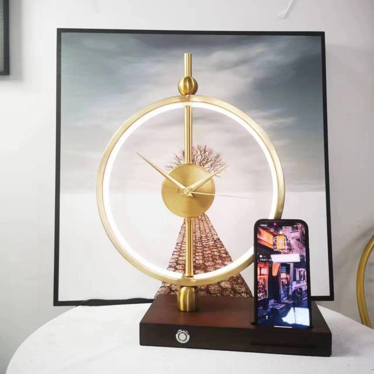 Contemporary Creative Clock Round Aluminum Acrylic Table Lamp With Solid Wood Base LED For Bedroom - Image 1