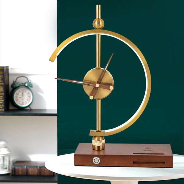 Contemporary Creative Clock Round Aluminum Acrylic Table Lamp With Solid Wood Base LED For Bedroom - Image 2