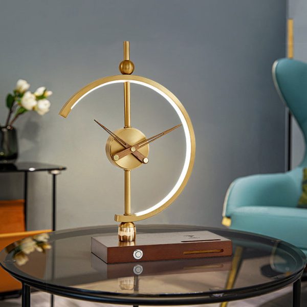 Contemporary Creative Clock Round Aluminum Acrylic Table Lamp With Solid Wood Base LED For Bedroom - Image 3