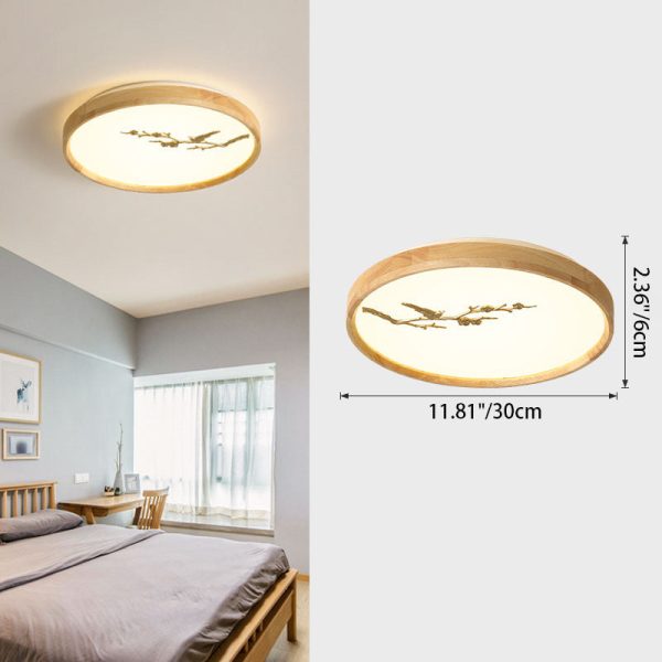 Traditional Japanese Round Twig Birdie PC Wood LED Flush Mount Ceiling Light For Bedroom - Image 4