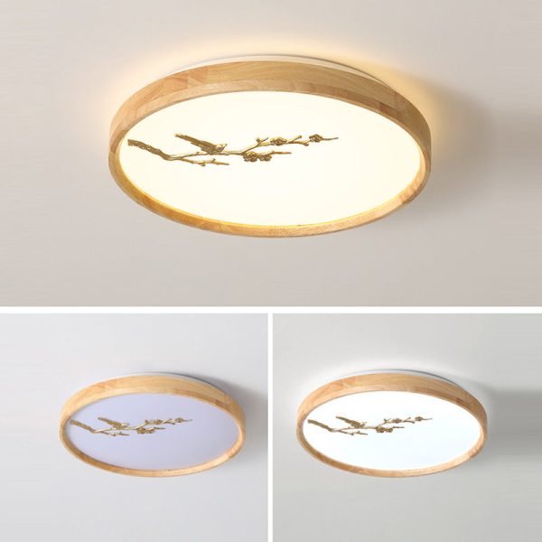 Traditional Japanese Round Twig Birdie PC Wood LED Flush Mount Ceiling Light For Bedroom - Image 15