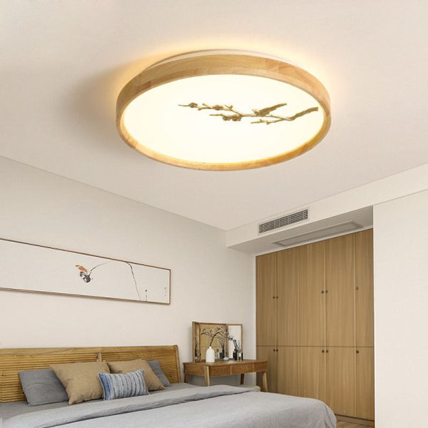 Traditional Japanese Round Twig Birdie PC Wood LED Flush Mount Ceiling Light For Bedroom - Image 13