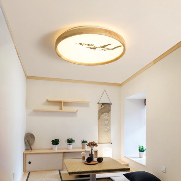 Traditional Japanese Round Twig Birdie PC Wood LED Flush Mount Ceiling Light For Bedroom - Image 12