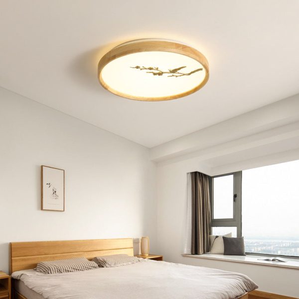 Traditional Japanese Round Twig Birdie PC Wood LED Flush Mount Ceiling Light For Bedroom - Image 3