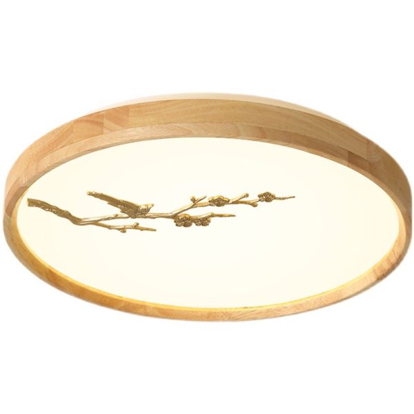 Traditional Japanese Round Twig Birdie PC Wood LED Flush Mount Ceiling Light For Bedroom - Image 16