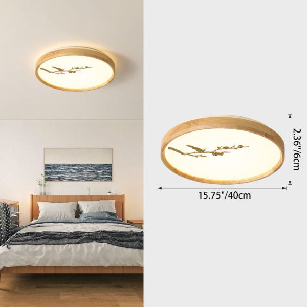 Traditional Japanese Round Twig Birdie PC Wood LED Flush Mount Ceiling Light For Bedroom - Image 5