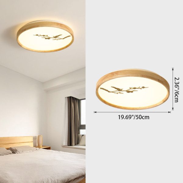 Traditional Japanese Round Twig Birdie PC Wood LED Flush Mount Ceiling Light For Bedroom - Image 6