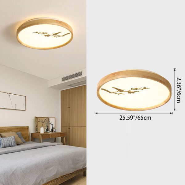 Traditional Japanese Round Twig Birdie PC Wood LED Flush Mount Ceiling Light For Bedroom - Image 7
