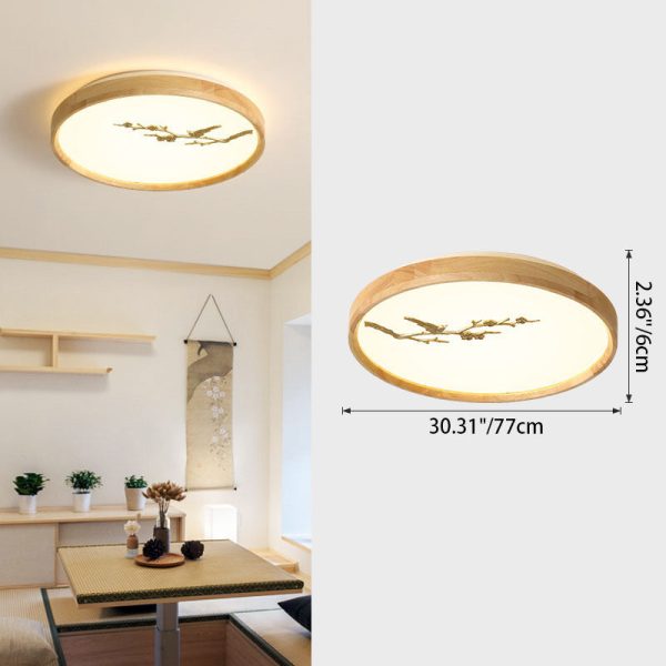 Traditional Japanese Round Twig Birdie PC Wood LED Flush Mount Ceiling Light For Bedroom - Image 8
