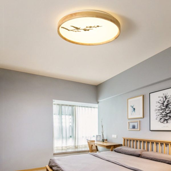 Traditional Japanese Round Twig Birdie PC Wood LED Flush Mount Ceiling Light For Bedroom - Image 2